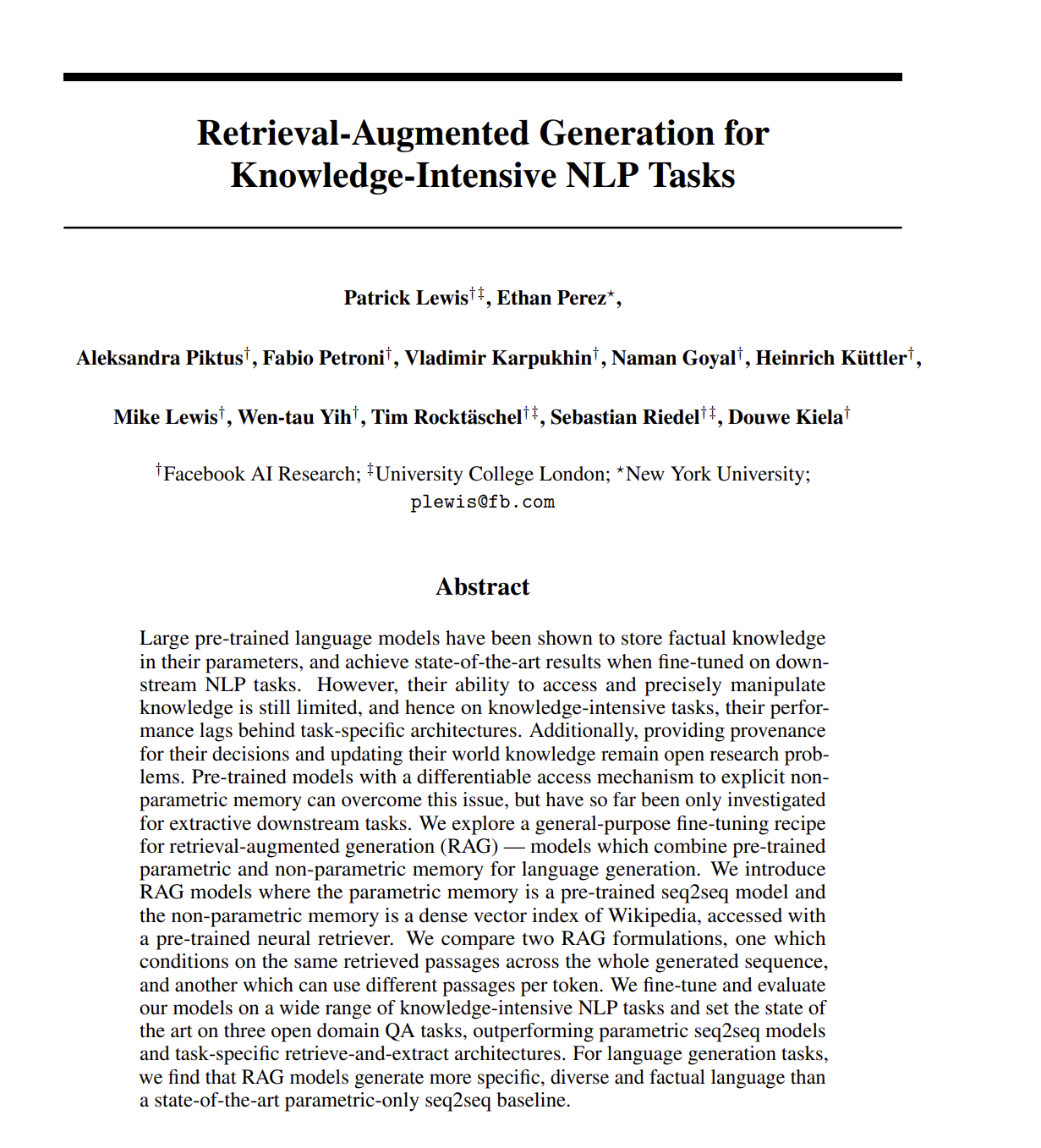 Retrieval-Augmented Generation for Knowledge-Intensive NLP Tasks, 2020